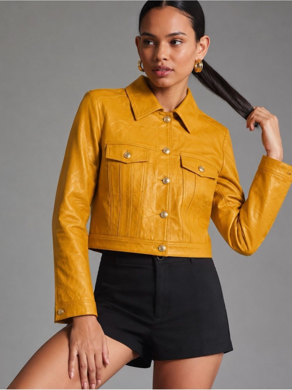 Vintage Michael Kors Mustard Crinkled Cropped Trucker lamb Leather Jacket Size S